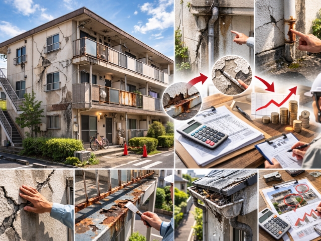 築20年以上の2〜3階建て低層アパートに見られる外壁のひび割れや鉄部のサビ、雨樋の劣化など複数箇所の同時進行劣化と、修繕費増大のイメージ。