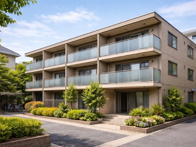 RC造3階建の低層マンション外観。鉄筋コンクリート造のファミリー向け賃貸物件のイメージ。