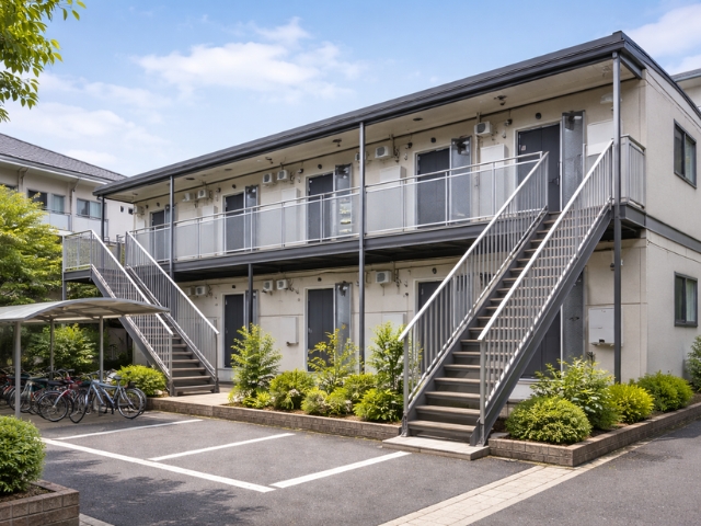 鉄骨造2階建アパートの外観。単身者向けワンルーム賃貸物件のイメージ。