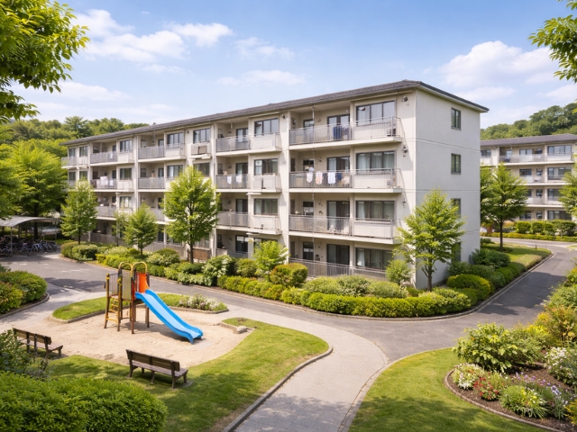 多摩エリアの団地型・敷地に余裕のある低層住宅外観。緑地や共用空間が広く確保されたファミリー向け賃貸物件のイメージ。